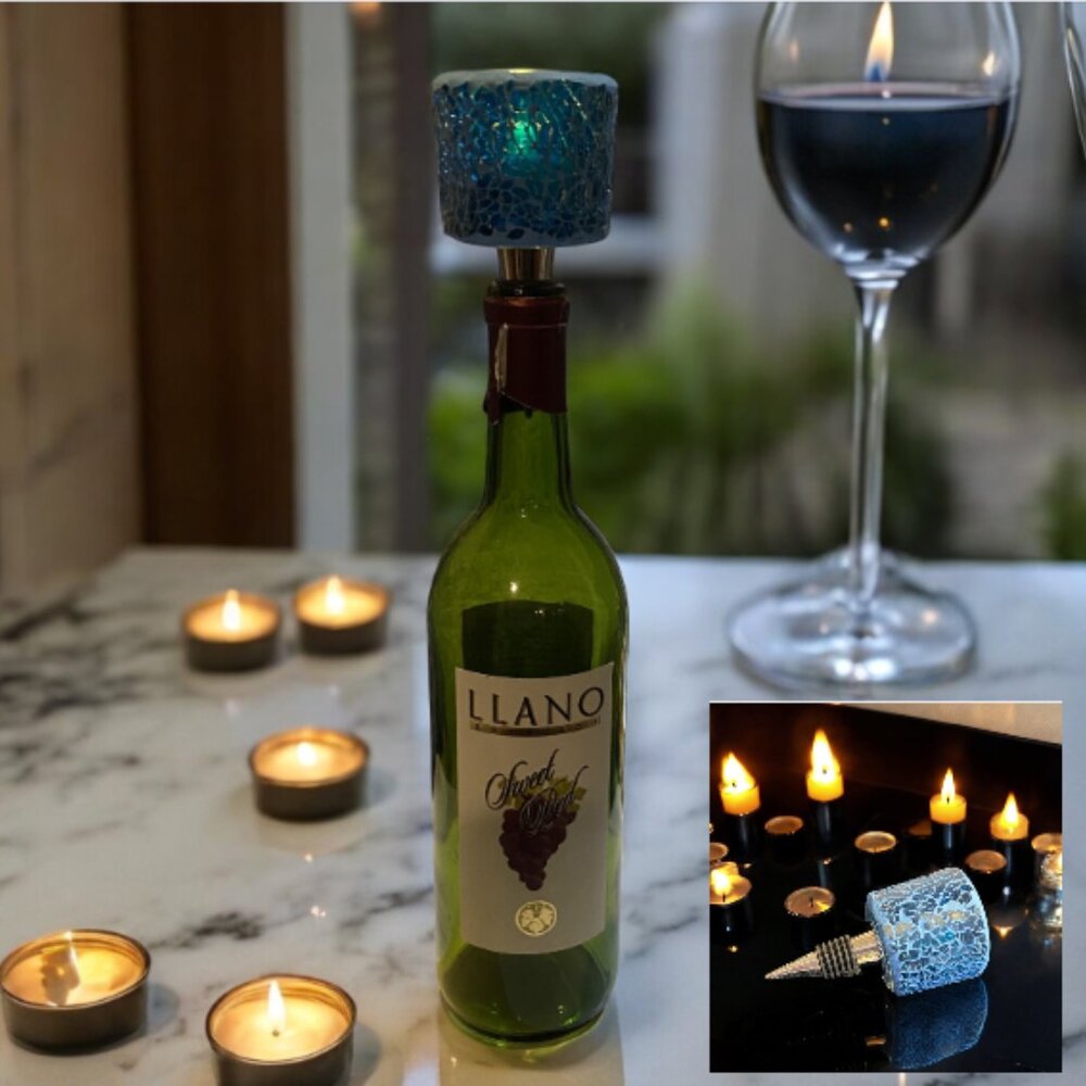 WINE STOPPER -- Unique Tea Light Holder, Blue Mosaic Glass, Fits Standard Bottle